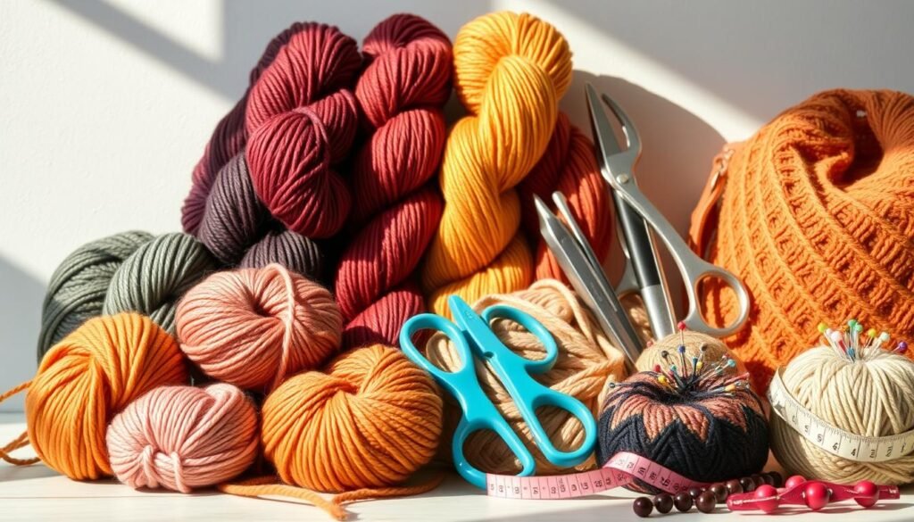 A vibrant still life showcasing an array of durable, high-quality yarn skeins in a variety of rich, earthy hues. The yarns are neatly arranged alongside a set of essential crochet tools, including ergonomic hooks in varying sizes, a pair of sharp scissors, a measuring tape, and a pincushion filled with colorful sewing pins. The scene is illuminated by soft, diffused natural light, casting gentle shadows and highlighting the intricate textures of the materials. The overall mood is one of organized creativity, inviting the viewer to imagine the countless possibilities for crafting beautiful and functional backpacks with these essential supplies.