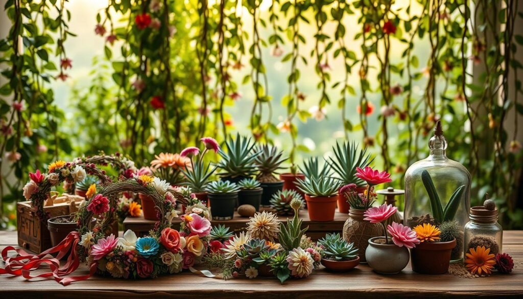A vibrant still life showcasing an array of whimsical DIY floral crafts. In the foreground, an assortment of handmade flower crowns, wreaths, and garlands in a spectrum of vivid hues, delicately crafted from a variety of natural elements like dried blooms, greenery, and ribbons. The middle ground features a collection of potted succulents, air plants, and terrariums, arranged artfully on a rustic wooden surface. In the background, a lush, verdant backdrop of trailing vines and leafy foliage creates a enchanting, nature-inspired atmosphere, bathed in warm, diffused lighting that casts a soft, romantic glow over the entire scene.