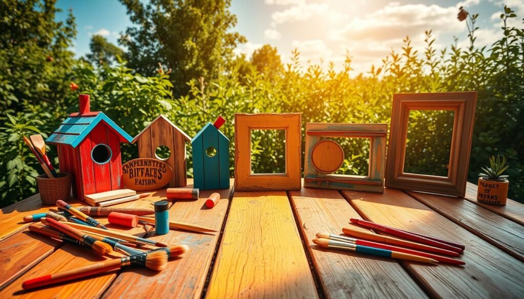 A vibrant, sun-drenched wooden surface, adorned with an array of colorful, whimsical painting projects. In the foreground, a variety of brushes, paints, and creative tools lie scattered, hinting at the artistic process. The middle ground showcases multiple wooden pieces - a birdhouse, a decorative sign, and a rustic picture frame - each painted in a distinct, eye-catching style. Warm, diffused lighting casts a gentle glow, highlighting the textured grain of the wood and the rich, vivid hues of the paint. In the background, a backdrop of lush greenery and a cheerful, cloudless sky create a serene, inviting atmosphere, perfect for a DIY home decor session.