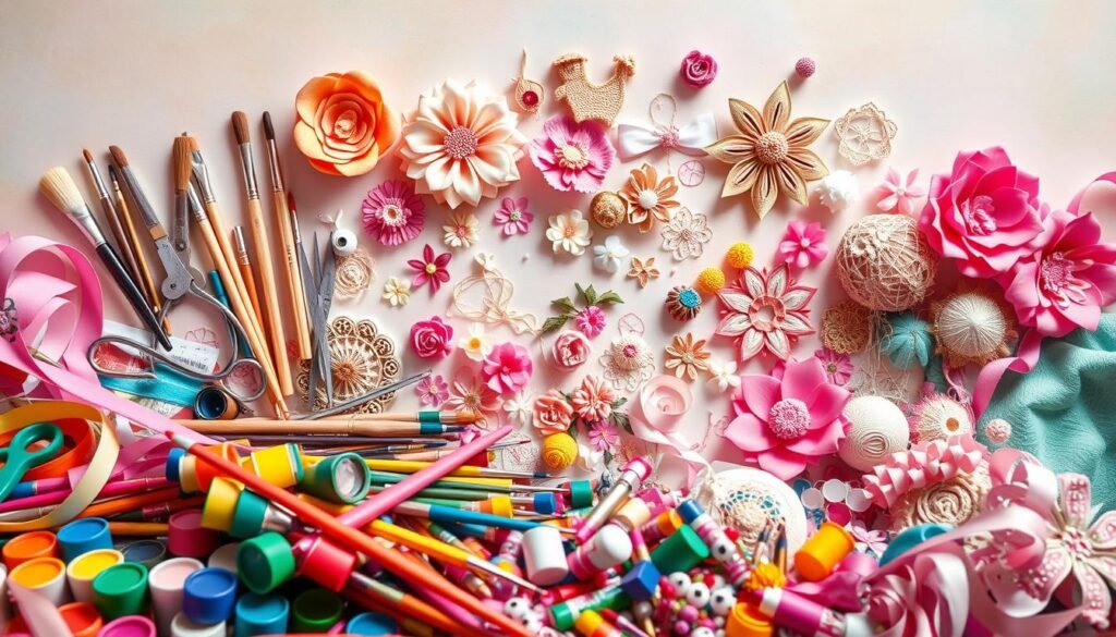 A vibrant, visually-striking collage of craft supplies and materials, artfully arranged against a soft, muted background. In the foreground, an assortment of colorful paints, brushes, scissors, ribbons, and other crafting essentials spill across the frame, hinting at the boundless creative possibilities. The middle ground features a mix of intricate handmade items, such as delicate paper flowers, knitted accessories, and whimsical decorative elements, showcasing the diverse array of craft techniques. The background depicts a serene, pastel-toned setting, perhaps a cozy workspace or a tranquil outdoor scene, creating a sense of inspiration and calm. Soft, warm lighting illuminates the scene, emphasizing the textures and details of the crafted pieces. The overall composition conveys a mood of creativity, exploration, and the joy of making.