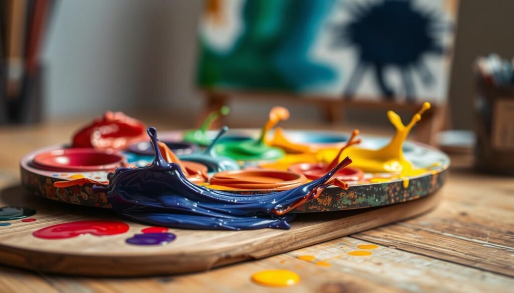 A vibrant, well-lit close-up scene of various artist's paint colors being mixed together on a wooden palette. The palette is situated on a sturdy tabletop, with a soft, diffused light illuminating the mixing process. The paints are blended in a dynamic, swirling motion, creating a mesmerizing display of hues and tones. In the background, a subtle, out-of-focus canvas or painting surface hints at the final artistic outcome. The overall mood is one of creative exploration and experimentation, capturing the essence of color as a tool for self-expression.