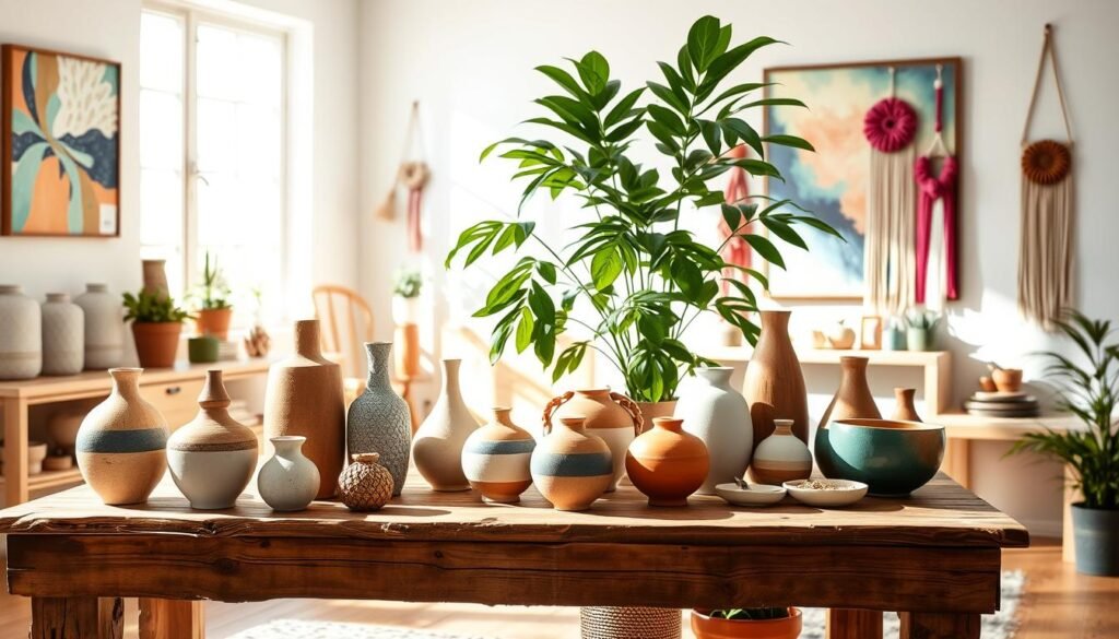 A vibrant, well-lit room showcasing an array of DIY home decor items. In the foreground, a rustic wooden table displays a collection of handcrafted vases, ceramic planters, and colorful macrame wall hangings. The middle ground features a large, leafy houseplant casting soft shadows, complemented by an abstract painting on the wall. The background reveals a bright, airy space with natural light streaming through large windows, illuminating the eclectic mix of textures and hues. The overall scene exudes a sense of warmth, creativity, and a DIY spirit, perfect for inspiring weekend craft projects.