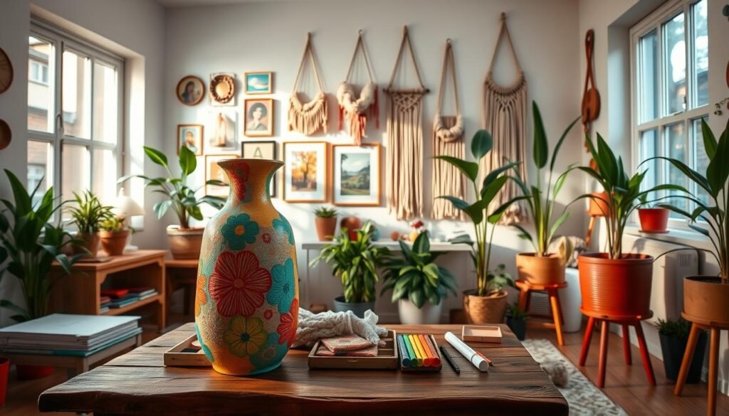 A vibrant, well-lit room showcasing an array of colorful DIY home decor projects. In the foreground, a hand-painted vase with abstract floral patterns sits atop a rustic wooden table, surrounded by neatly arranged craft supplies. The middle ground features a gallery wall displaying framed artwork and macrame wall hangings in a variety of hues. Lush, verdant potted plants accent the space, lending a natural, organic touch. Warm, diffused lighting from large windows bathes the scene in a cheerful glow, highlighting the textural elements and vibrant colors of the handmade decorations. An overall sense of creativity, personalization, and a welcoming, lived-in atmosphere pervades the image.