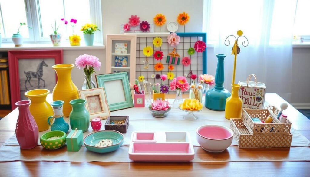 A vibrant, well-lit scene showcasing a variety of upcycled Dollar Store items arranged on a clean, wooden surface. In the foreground, an assortment of colorful, repurposed vases, picture frames, and trinket dishes sit atop a crisp, white tablecloth. The middle ground features an array of handcrafted floral decorations, jewelry holders, and organizers made from simple Dollar Store supplies. In the background, a soft, natural light filters through a window, creating a warm, inviting atmosphere. The overall composition exudes a sense of creativity, resourcefulness, and a touch of whimsy, perfectly capturing the essence of Dollar Store upcycling projects.