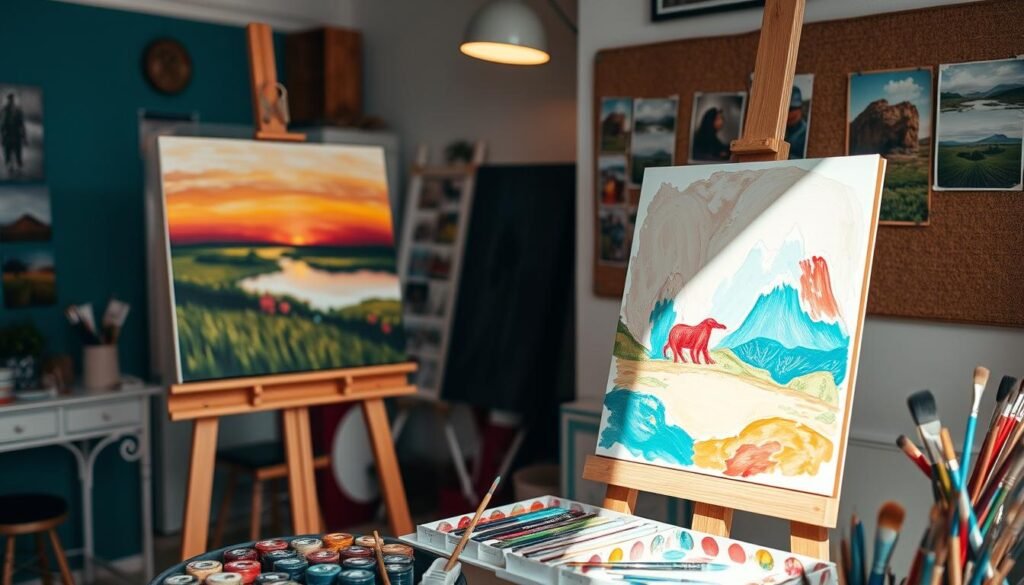 A vibrant, well-lit studio setting with an easel featuring an acrylic painting in progress. On the easel, various painting techniques are demonstrated, such as layering colors, creating texture with palette knives, and blending soft edges. In the foreground, an array of acrylic paints, brushes, and other art supplies are neatly arranged, conveying a sense of a beginner-friendly creative environment. The background showcases inspiring landscape or still life reference images pinned to a cork board, providing visual inspiration. The overall mood is one of creativity, curiosity, and a welcoming atmosphere for aspiring artists to explore the medium of acrylic painting.