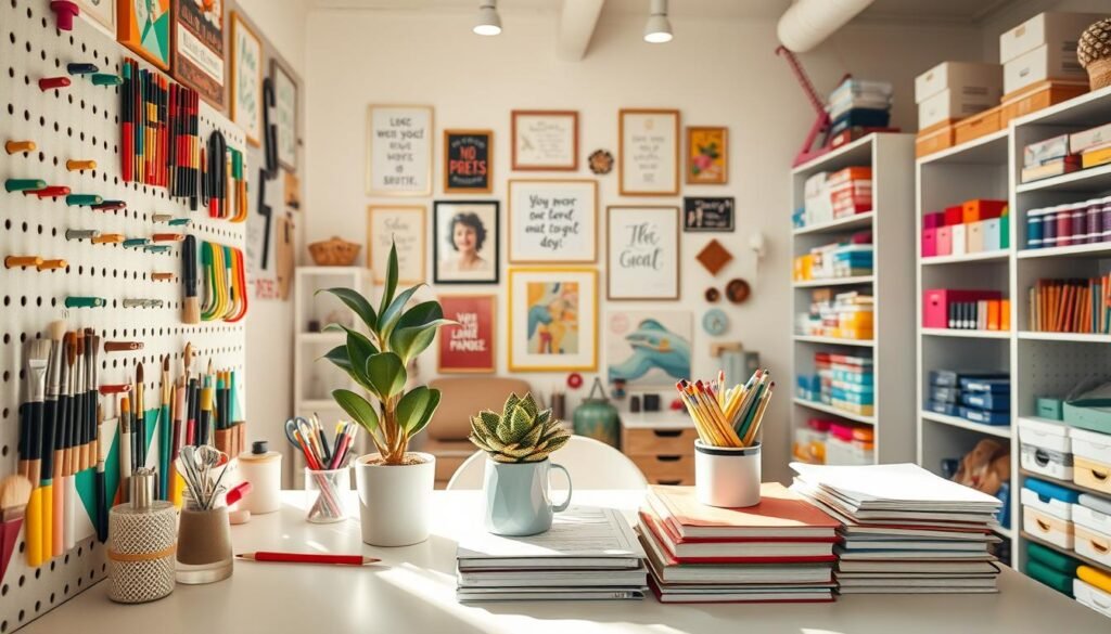 A vibrant, well-organized craft room workspace brimming with inspirational decor. In the foreground, a colorful geometric pegboard display showcases an array of paintbrushes, scissors, and spools of thread. On the desk, a potted succulent, a mug of fresh pens, and a tidy stack of sketchbooks create a visually stimulating yet functional setup. The middle ground features a gallery wall with an eclectic mix of framed artwork, motivational quotes, and whimsical trinkets. Sunlight streams in through large windows, casting a warm, natural glow over the entire scene. The background reveals shelves filled with neatly organized craft supplies, adding pops of vivid hues to the tranquil, creative atmosphere.