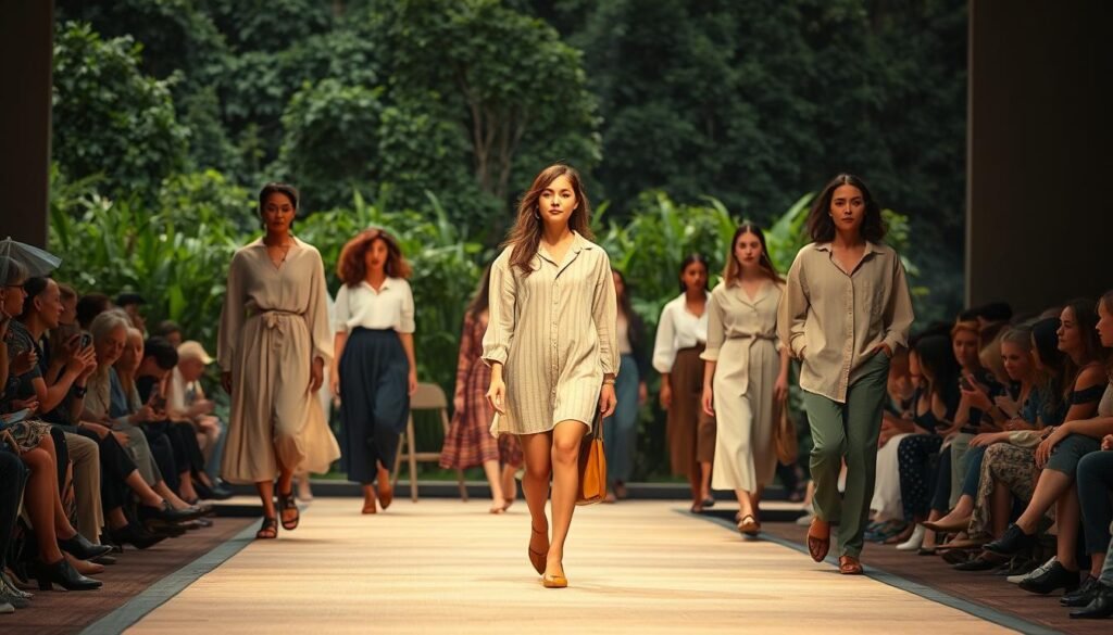 A vintage fashion runway showcasing sustainable garments. In the foreground, models strut down the catwalk wearing timeless dresses, shirts, and pants crafted from reclaimed fabrics and upcycled materials. The middle ground features a minimalist stage design with natural textures and warm lighting, highlighting the quality and craftsmanship of the pieces. In the background, a lush, verdant backdrop evokes a sense of harmony between fashion and the environment. The overall atmosphere conveys a message of fashion's potential to be both stylish and eco-friendly, inspiring a new era of sustainable vintage aesthetic. A vintage fashion runway showcasing sustainable garments. In the foreground, models strut down the catwalk wearing timeless dresses, shirts, and pants crafted from reclaimed fabrics and upcycled materials. The middle ground features a minimalist stage design with natural textures and warm lighting, highlighting the quality and craftsmanship of the pieces. In the background, a lush, verdant backdrop evokes a sense of harmony between fashion and the environment. The overall atmosphere conveys a message of fashion's potential to be both stylish and eco-friendly, inspiring a new era of sustainable vintage aesthetic.