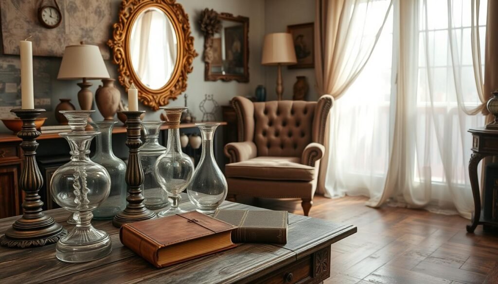 A vintage-inspired room filled with antique decor pieces arranged artfully. In the foreground, a weathered wooden table displays a collection of ornate glass vases, tarnished candlesticks, and a leather-bound book. The middle ground features a plush, tufted armchair and a decorative wall-mounted mirror with an ornate golden frame. The background showcases a distressed hardwood floor and a sheer curtain billowing softly in natural light. Subtle earth-toned colors and warm, soft lighting create a cozy, timeless ambiance, inviting the viewer to step into this thoughtfully curated vintage sanctuary. A vintage-inspired room filled with antique decor pieces arranged artfully. In the foreground, a weathered wooden table displays a collection of ornate glass vases, tarnished candlesticks, and a leather-bound book. The middle ground features a plush, tufted armchair and a decorative wall-mounted mirror with an ornate golden frame. The background showcases a distressed hardwood floor and a sheer curtain billowing softly in natural light. Subtle earth-toned colors and warm, soft lighting create a cozy, timeless ambiance, inviting the viewer to step into this thoughtfully curated vintage sanctuary.