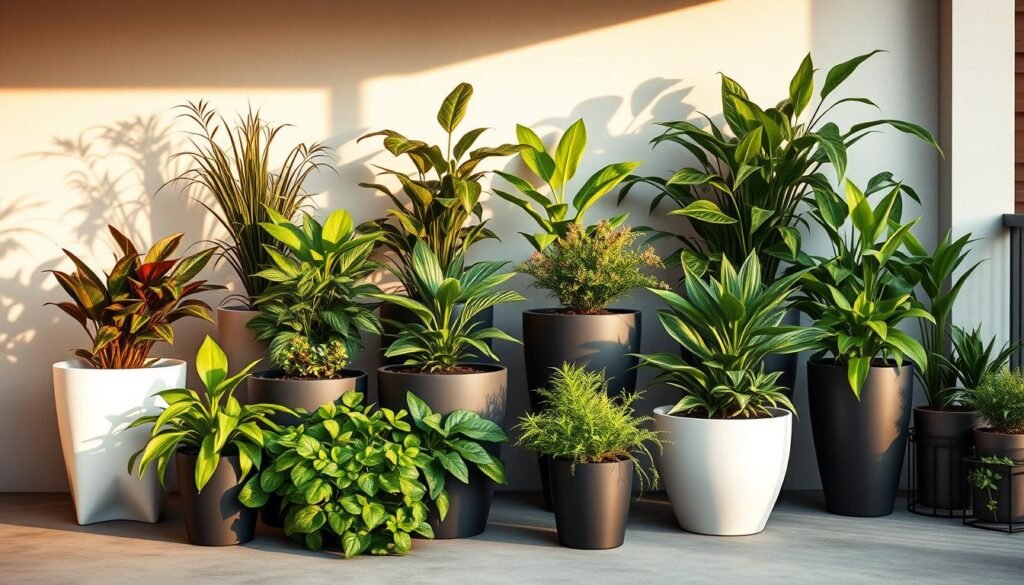 A visually striking arrangement of self-watering planters, showcasing a diverse collection of lush, thriving houseplants. The planters are crafted from sleek, modern materials, artfully arranged against a minimalist backdrop, bathed in warm, diffused natural lighting that accentuates the verdant foliage. The planters feature integrated irrigation systems, allowing the plants to self-water and maintain optimal hydration levels. This serene, harmonious composition evokes a sense of tranquility and a connection to nature, perfectly complementing the porch setting and creating a lush, inviting ambiance. A visually striking arrangement of self-watering planters, showcasing a diverse collection of lush, thriving houseplants. The planters are crafted from sleek, modern materials, artfully arranged against a minimalist backdrop, bathed in warm, diffused natural lighting that accentuates the verdant foliage. The planters feature integrated irrigation systems, allowing the plants to self-water and maintain optimal hydration levels. This serene, harmonious composition evokes a sense of tranquility and a connection to nature, perfectly complementing the porch setting and creating a lush, inviting ambiance.