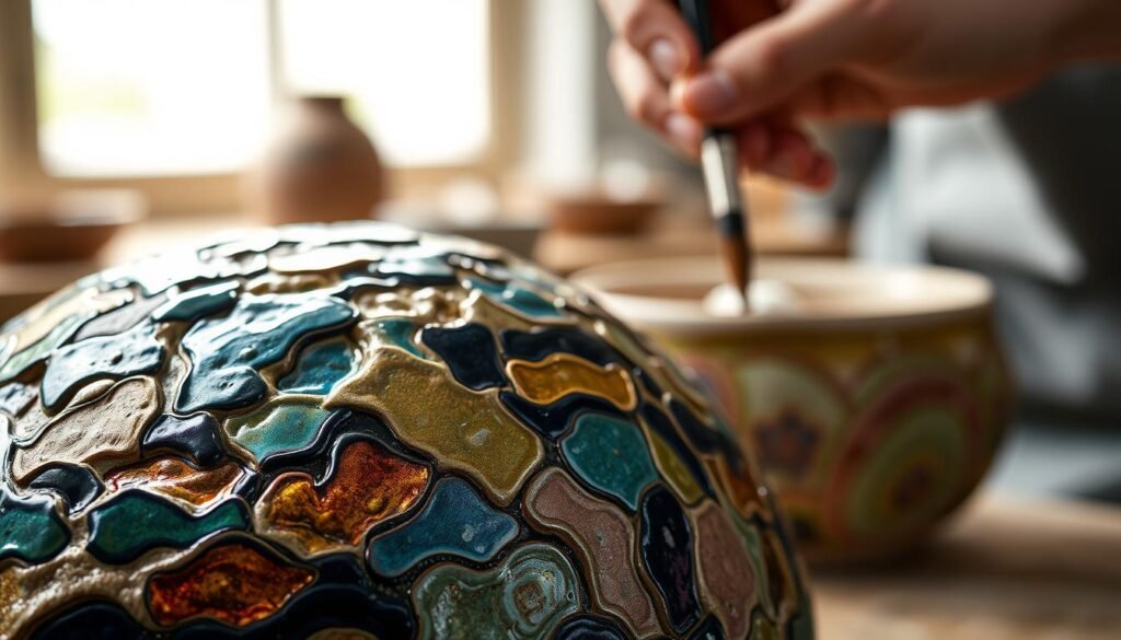 A visually striking close-up of air-dried clay glazed in a spectrum of vibrant hues, showcasing the rich textures and lustrous sheen that glaze can bestow. The foreground features an intricately detailed ceramic piece, its surface adorned with a mesmerizing pattern of multi-colored glazes, ranging from deep indigos to shimmering metallics. The middle ground offers a glimpse into the glazing process, with the artist's hands delicately applying the glaze with a brush, creating a sense of craftsmanship and care. In the background, a softly lit studio environment lends an atmosphere of artistic focus and inspiration. Dramatic lighting accentuates the dimensional qualities of the glazed clay, casting dramatic shadows and highlights that bring the piece to life.