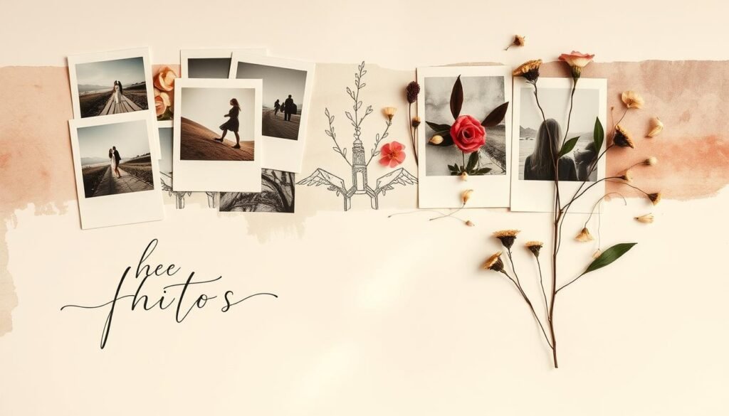 A visually striking photo journal layout, with artistic flair and a touch of whimsy. The foreground features an elegant, handwritten script overlaying a collage of polaroid-style photographs, each capturing a unique moment. The middle ground showcases a variety of media, including ink sketches, watercolor washes, and delicate pressed flowers, all arranged in a harmonious, free-flowing composition. The background is a soft, muted wash of pastel hues, creating a dreamlike, ethereal atmosphere. Warm, diffused lighting casts a gentle glow, accentuating the tactile, handcrafted quality of the layout. The overall effect is one of contemplative introspection, inviting the viewer to immerse themselves in the artistic journey. A visually striking photo journal layout, with artistic flair and a touch of whimsy. The foreground features an elegant, handwritten script overlaying a collage of polaroid-style photographs, each capturing a unique moment. The middle ground showcases a variety of media, including ink sketches, watercolor washes, and delicate pressed flowers, all arranged in a harmonious, free-flowing composition. The background is a soft, muted wash of pastel hues, creating a dreamlike, ethereal atmosphere. Warm, diffused lighting casts a gentle glow, accentuating the tactile, handcrafted quality of the layout. The overall effect is one of contemplative introspection, inviting the viewer to immerse themselves in the artistic journey.