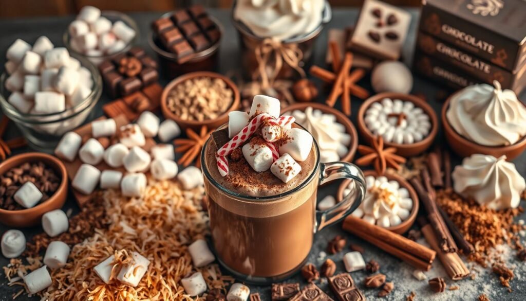 A visually stunning still life arrangement of various tempting hot chocolate toppings and mix-ins, bathed in warm, golden lighting and shot from a high angle to showcase the delectable array. In the foreground, a selection of fluffy marshmallows, crushed peppermint candies, shaved chocolate, and a sprinkle of cinnamon sit atop a steaming mug of rich, creamy hot cocoa. The middle ground features a scattering of toasted coconut flakes, crushed graham crackers, and a drizzle of caramel sauce, while the background showcases a variety of seasonal spices, freshly whipped cream, and a stack of gourmet chocolate bars. The overall mood is cozy, indulgent, and inviting, perfectly capturing the essence of an innovative hot chocolate bar.