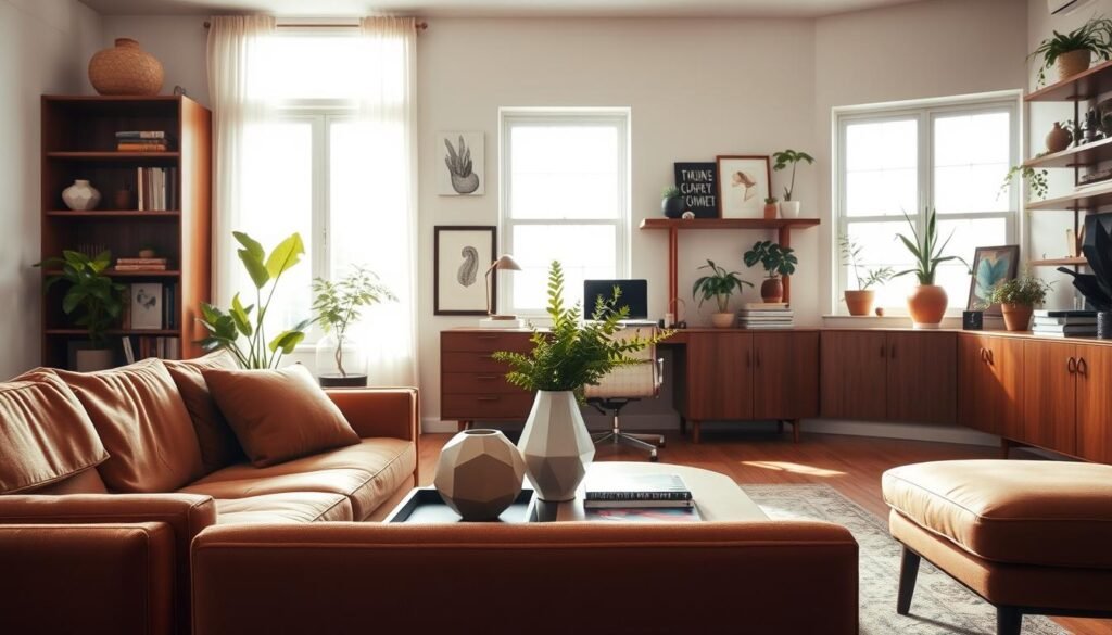 A well-curated mid-century modern office space, bathed in warm, natural light filtering through large windows. In the foreground, a sleek, teak-framed sofa with clean lines and plush, earth-toned upholstery. On the coffee table, a geometric ceramic vase holds a bouquet of lush, green foliage. In the middle ground, a sturdy, walnut-finished desk paired with a classic Eames-style office chair. Atop the desk, a minimalist lamp and a neatly arranged stack of books. In the background, built-in shelves display an eclectic mix of decorative objects, artwork, and plants, creating a harmonious, inviting atmosphere.