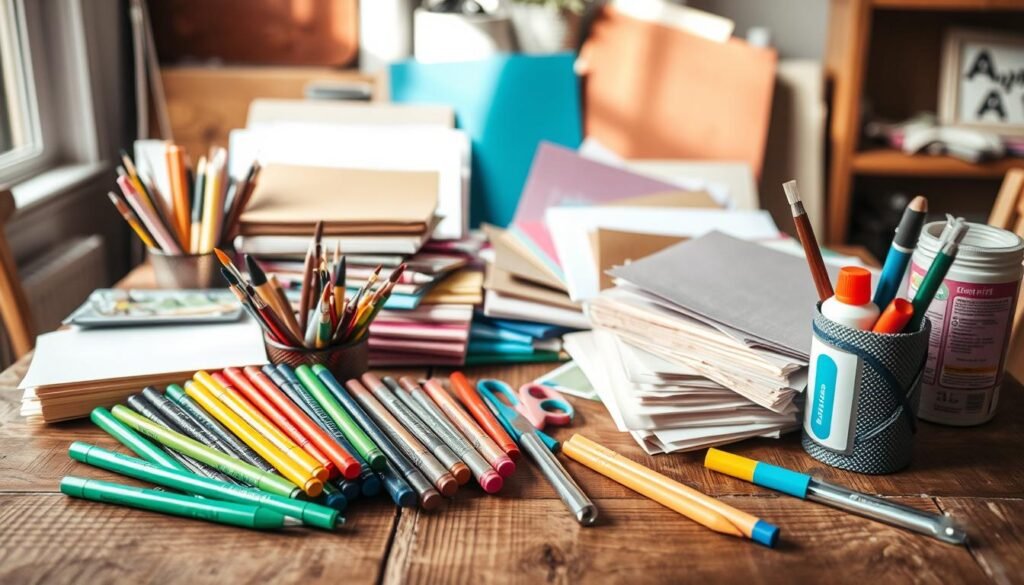 A well-curated, neatly arranged assortment of budget-friendly craft supplies sits on a rustic wooden table, bathed in warm, diffused natural lighting that highlights their textures and colors. In the foreground, an assortment of colorful markers, paintbrushes, scissors, and glue sticks are positioned with care. The middle ground features an array of paper, cardstock, and fabrics in various hues, textures, and patterns. In the background, subtle shadows and highlights create depth, while a soft, muted color palette evokes a cozy, inviting atmosphere, perfect for a relaxed, creative crafting session.
