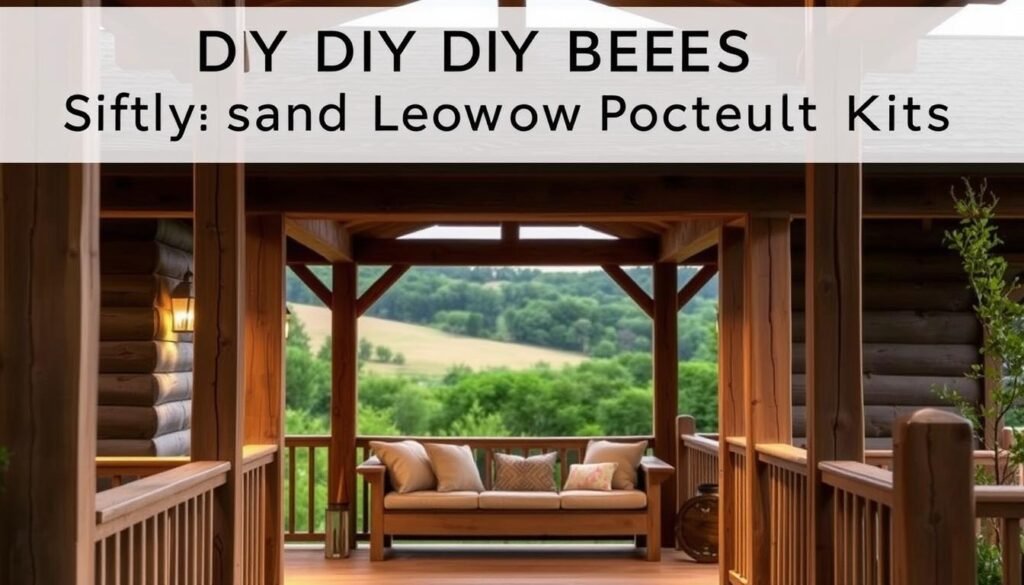 A well-designed DIY timber porch kit, showcased in an inviting, rustic setting. In the foreground, natural wood posts and railings frame the entrance, their warm tones complemented by the soft glow of ambient lighting. The middle ground features a cozy seating area, with plush cushions and a wooden bench inviting relaxation. In the background, a lush, verdant landscape sets the stage, hinting at the tranquil retreat beyond the porch. The scene exudes a sense of craftsmanship, comfort, and a connection to the great outdoors, perfectly capturing the essence of the "DIY Projects and Custom Porch Kits" section.