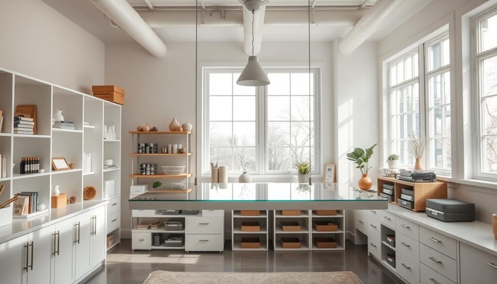 A well-lit, airy craft room with a floating work table as the focal point. The table is suspended from the ceiling, its sleek glass top reflecting the natural light streaming in through large windows. Surrounding the table are various storage solutions, including floating shelves and minimalist cabinets, all in a calming, neutral color palette. The room has a serene, modern atmosphere, with subtle hints of greenery and metallic accents that complement the overall design. The camera angle is slightly elevated, capturing the elegance and functionality of the floating work table against the backdrop of the organized, inspirational craft space.