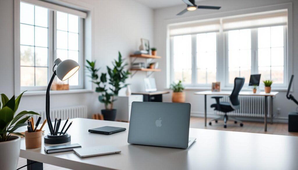 A well-lit, airy home office filled with thoughtfully curated essentials. In the foreground, a sleek, minimalist desk with a modern laptop, a high-quality webcam, and a stylish desk lamp that casts a warm glow. Atop the desk, a neatly organized stationery set and a potted plant, adding a touch of nature. The middle ground features a comfortable, ergonomic office chair and a floating shelf displaying a few inspiring books and decorative accents. The background showcases large windows that flood the space with natural light, complemented by clean, white walls and a subtle, soothing color palette. The overall atmosphere is one of efficiency, focus, and a harmonious blend of form and function.