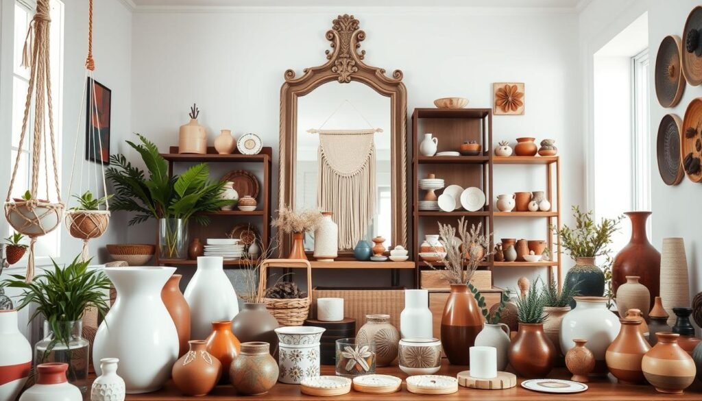 A well-lit, airy room filled with artfully arranged DIY home decor crafts. In the foreground, an assortment of macrame plant hangers, ceramic vases, and hand-painted candle holders. The middle ground showcases a minimalist wooden wall hanging and a set of intricate paper quilled coasters. The background features a large, ornate mirror flanked by shelves displaying a collection of handcrafted ceramic trinkets and artisanal pottery. Soft, natural lighting creates a warm, inviting atmosphere, highlighting the textures and colors of the thoughtfully curated DIY crafts.