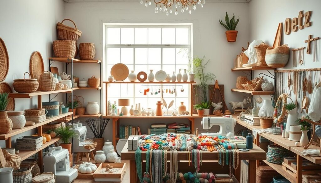A well-lit, airy studio space filled with a diverse array of handcrafted DIY projects arranged on rustic wooden shelves. In the foreground, a collection of charming, decorative items such as woven baskets, ceramic planters, and upcycled home decor pieces. In the middle ground, a variety of sewing and jewelry-making supplies, including colorful spools of thread, beads, and tools. The background features a large window that bathes the scene in natural light, creating a warm, inviting atmosphere. The overall composition conveys the creativity, versatility, and marketable potential of these easy-to-make DIY crafts.