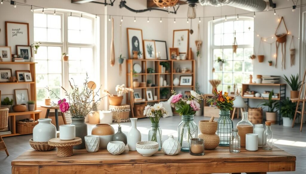 A well-lit, airy studio space showcasing an assortment of easy, yet stylish DIY home decor crafts. In the foreground, a rustic wooden table displays an array of decorative trinkets, such as hand-painted ceramic vases, woven baskets, and repurposed glass jars filled with fresh flowers. In the middle ground, shelves line the walls, exhibiting an assortment of framed wall art, macrame plant hangers, and delicate string lights. The background features large windows flooding the room with natural sunlight, casting a warm, inviting glow over the scene. The overall atmosphere exudes a sense of effortless elegance and creativity, inspiring viewers to explore their own DIY home decor possibilities.