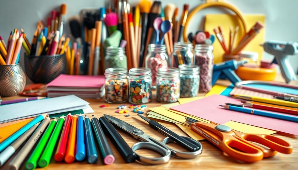 A well-lit and neatly organized table displaying an assortment of colorful craft supplies. In the foreground, an array of vibrant markers, colored pencils, and a pair of sharp scissors lie alongside a tidy stack of cardstock and construction paper. In the middle ground, several jars of glitter, beads, and sequins create a whimsical focal point. The background features a variety of other craft essentials such as paint brushes, a glue gun, and an embroidery hoop, all bathed in soft, natural lighting. The overall scene conveys a sense of creativity, accessibility, and the joy of easy, DIY projects.