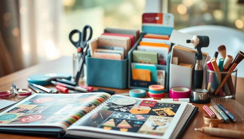 A well-lit and organized table, showcasing an array of scrapbooking essentials. In the foreground, an open scrapbook with vibrant patterned paper and decorative embellishments. Nearby, an assortment of scissors, glue sticks, washi tapes, and stickers in a variety of colors and textures. In the middle ground, a vintage-inspired organizer with neatly arranged compartments, housing journaling cards, die-cuts, and decorative punches. The background features a soft, bokeh-filled setting, hinting at a cozy, crafting-inspired atmosphere. The lighting is natural and diffused, creating a warm and inviting ambiance, perfect for capturing the joy of scrapbooking and preserving cherished memories.