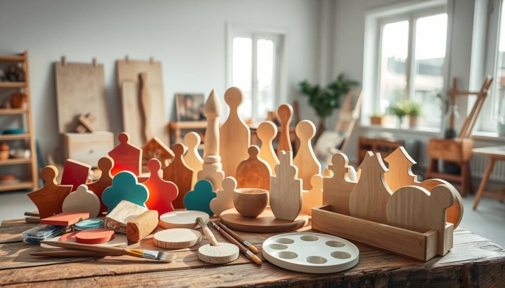 A well-lit, artfully arranged still life depicting a variety of whimsical, handcrafted wooden painting projects. In the foreground, an assortment of painted wooden shapes, brushes, and paint palettes are neatly displayed on a rustic wooden surface. In the middle ground, a selection of unfinished wooden pieces, sanded and ready for decoration, stand upright. The background features a cozy, minimalist studio setting, with natural light streaming in through large windows, casting a warm, inviting glow over the scene. The overall mood is one of creativity, inspiration, and the joy of DIY crafting.