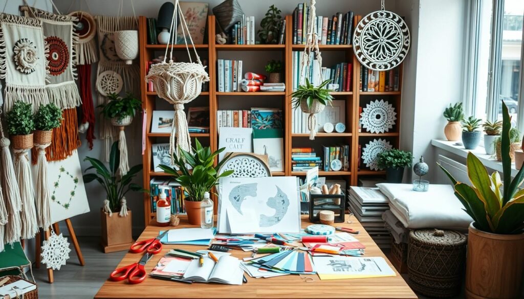 A well-lit, artistically arranged scene showcasing an array of sustainable adult craft projects. In the foreground, an assortment of handmade items such as repurposed fabric wall hangings, macrame plant holders, and intricate paper-cut designs. The middle ground features a wooden table with various craft supplies and tools - scissors, glue, colorful papers, and recycled materials. In the background, a bookshelf displays inspiring craft books and magazines. The overall mood is one of creativity, mindfulness, and eco-consciousness, inviting the viewer to explore the possibilities of sustainable crafting.