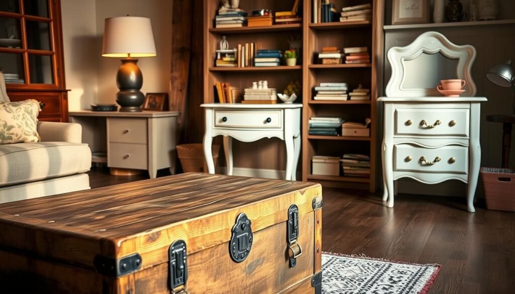 A well-lit, artistically composed image showcasing various DIY furniture transformations. In the foreground, a repurposed vintage trunk serves as a stylish coffee table, its weathered wooden surface accentuated by soft, warm lighting. In the middle ground, a shabby-chic side table stands, its drawers and frame painted in a soft, pastel color palette. In the background, a bookshelf displays an array of upcycled and refurbished pieces, each with its own unique character and charm. The overall scene exudes a sense of creativity, ingenuity, and a touch of rustic elegance, capturing the essence of "Creative DIY Projects and Real-Life Case Studies".