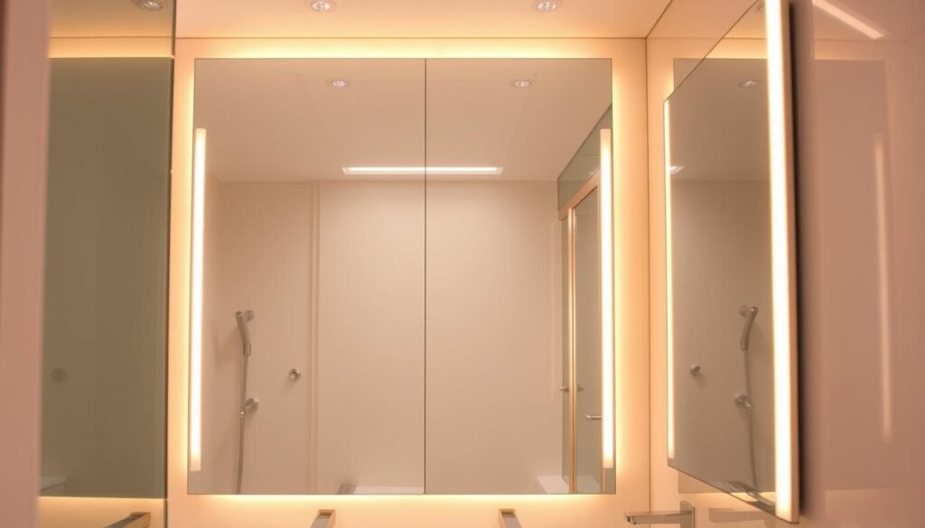 A well-lit bathroom with sleek, modern mirrors artfully arranged in a compact, efficient layout. Warm, focused LED lighting emanates from recessed fixtures and hidden strips, casting a soft, ambient glow. The mirrors are frameless, with minimalist edges that blend seamlessly into the walls. Strategically placed task lighting over the vanity ensures optimal visibility for grooming. Subtle, minimalist hardware and fixtures complement the clean, contemporary aesthetic. The overall impression is one of luxurious functionality, where thoughtful design amplifies the sense of space in a small bathroom.