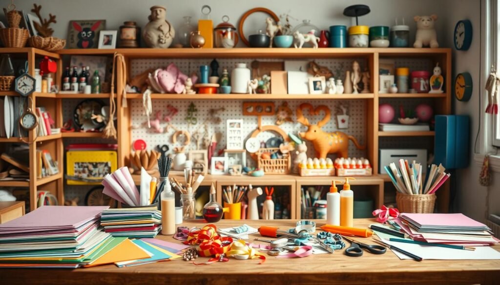 A well-lit, cheerful craft corner filled with an assortment of budget-friendly dollar store supplies. In the foreground, an array of colorful papers, ribbons, glue, and scissors neatly arranged on a wooden table. In the middle ground, a collection of thrifty knick-knacks and decorative items waiting to be transformed into unique DIY crafts. The background features shelves stocked with an eclectic mix of inexpensive trinkets, trinkets, and craft essentials, all bathed in soft, natural lighting that creates a warm, inviting atmosphere. The overall scene exudes a sense of creativity, inspiration, and the joy of making something special on a shoestring budget. A well-lit, cheerful craft corner filled with an assortment of budget-friendly dollar store supplies. In the foreground, an array of colorful papers, ribbons, glue, and scissors neatly arranged on a wooden table. In the middle ground, a collection of thrifty knick-knacks and decorative items waiting to be transformed into unique DIY crafts. The background features shelves stocked with an eclectic mix of inexpensive trinkets, trinkets, and craft essentials, all bathed in soft, natural lighting that creates a warm, inviting atmosphere. The overall scene exudes a sense of creativity, inspiration, and the joy of making something special on a shoestring budget.