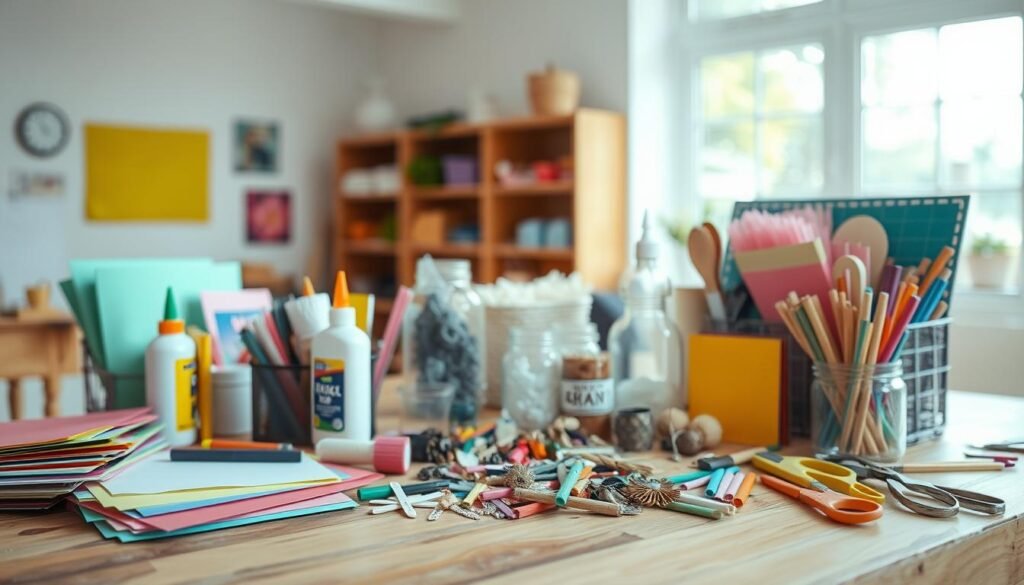 A well-lit, cheerful crafting scene featuring an assortment of budget-friendly, dollar store items arranged on a wooden table. In the foreground, an array of colorful paper, glue, scissors, and other basic craft supplies. In the middle ground, a selection of inexpensive trinkets, decorative elements, and recycled materials like empty jars, popsicle sticks, and fabric scraps. The background showcases a bright, airy room with natural light filtering in through large windows, creating a warm and inviting atmosphere. The overall mood is one of creativity, resourcefulness, and the joy of crafting without breaking the bank.
