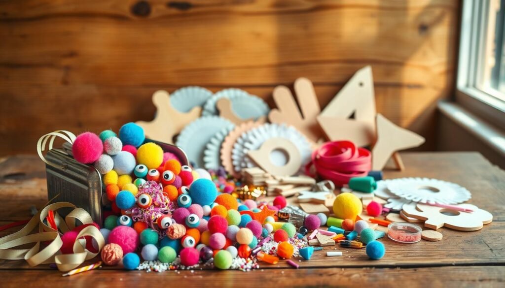 A well-lit, cheerful still life showcasing an array of simple, whimsical dollar store craft supplies. In the foreground, an assortment of colorful ribbons, pom-poms, googly eyes, and glitter spill out of a repurposed tin container. In the middle ground, a collection of inexpensive wooden shapes, paper doilies, and felt scraps await creative inspiration. The background features a rustic wooden tabletop, with natural light streaming in from a nearby window, casting a warm, inviting glow over the scene. The overall mood is one of playful, budget-friendly crafting, inspiring the viewer to see the potential in everyday, affordable materials.