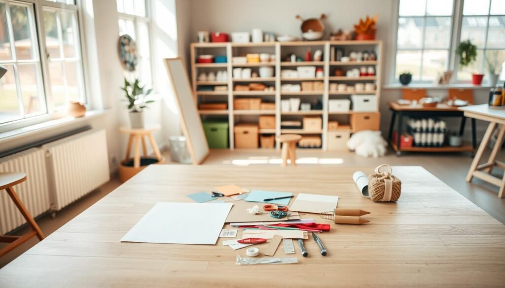 A well-lit, cheerful studio space with natural light streaming through large windows. In the foreground, a simple, yet elegant adult craft project laid out on a clean, minimalist wooden table. The project features a selection of colorful materials such as paper, fabrics, and a few basic tools. The middle ground showcases a few more completed craft pieces, each with a unique and modern design. The background has shelves displaying various craft supplies, creating a visually inspiring and inviting atmosphere for the viewer to imagine themselves immersed in an easy, enjoyable DIY activity.