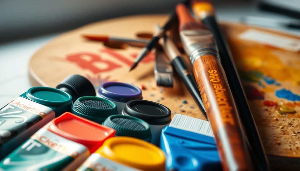 A well-lit, close-up composition showcasing an assortment of premium acrylic painting supplies. In the foreground, a set of vibrant acrylic paint tubes in a variety of hues, neatly arranged. In the middle ground, a set of high-quality brushes of different shapes and sizes, their bristles catching the soft, directional lighting. In the background, a wooden palette with splatters of dried paint, conveying the creative energy of the artistic process. The overall mood is one of focus, anticipation, and the joy of artistic expression.