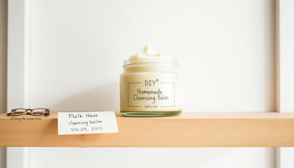 A well-lit close-up of a DIY cleansing balm in a glass jar, resting on a simple wooden shelf against a white background. The balm's texture is creamy and inviting, with a faint natural fragrance wafting from it. Beside the jar, a small handwritten note indicates the shelf life and storage instructions. The lighting is soft and even, highlighting the product's quality and homemade appeal. The overall mood is one of tranquility and attention to detail, reflecting the care and consideration that goes into making a homemade cleansing balm.