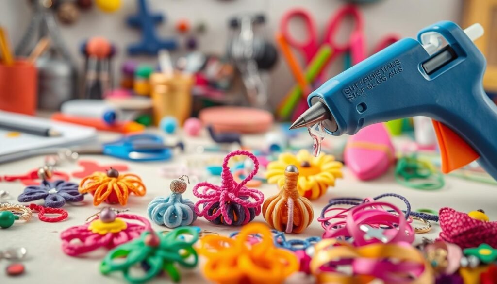 A well-lit close-up of a desktop workstation, featuring an array of colorful hot glue gun crafts. In the foreground, intricate handmade ornaments, jewelry, and decorative pieces made with vibrant hot glue swirls and dollops, conveying a sense of creativity and DIY whimsy. The middle ground showcases the hot glue gun itself, its nozzle dripping with molten adhesive, ready to craft. The background is a soft, out-of-focus scene of craft supplies, scissors, and various trinkets, hinting at the endless possibilities for hot glue gun projects. The overall mood is one of inspired craftsmanship, with a touch of playful, homemade charm.