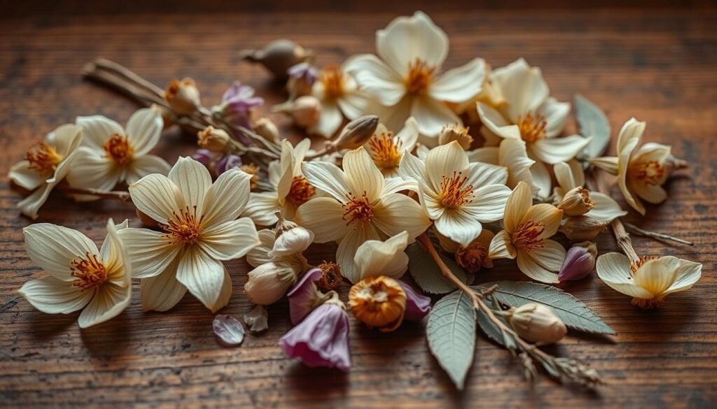 A well-lit, close-up photograph of an assortment of pressed flowers arranged on a wooden surface. The flowers, including delicate petals, stems, and leaves, are carefully positioned to showcase the intricate textures and patterns created by the pressing process. The arrangement is captured from a slightly elevated angle, allowing the viewer to appreciate the detailed layers and the subtle hues of the dried botanicals. The image conveys a sense of serene elegance and the artistry of the pressing technique, with a warm, natural lighting that enhances the organic qualities of the subject matter.