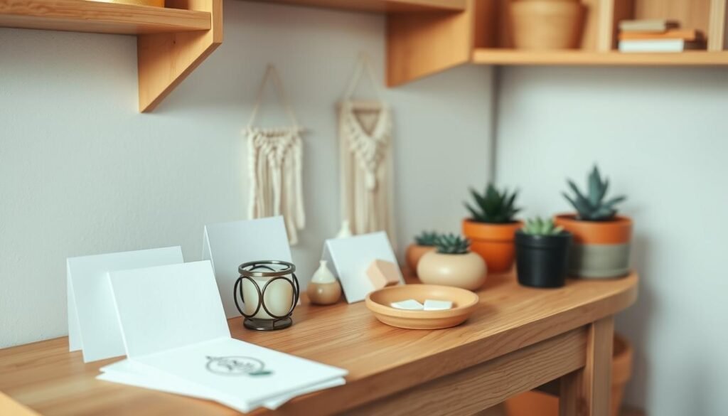 A well-lit, close-up shot of a small wooden workbench showcasing a variety of simple DIY craft products arranged neatly. In the foreground, a set of handmade greeting cards, a decorative candle holder, and a small macrame wall hanging. In the middle ground, a few soy wax melts, a simple clay jewelry dish, and a potted succulent plant. The background features a minimalist white wall and natural wooden shelves, creating a clean, uncluttered aesthetic. The lighting is soft and diffused, highlighting the textures and colors of the DIY items. The overall mood is one of simplicity, craftsmanship, and the potential for profitable small-scale production.