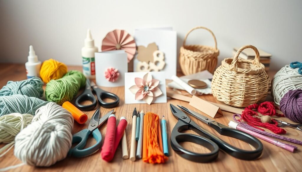 A well-lit, close-up shot of a variety of budget-friendly craft supplies and materials arranged neatly on a wooden surface. In the foreground, an assortment of colorful yarn, scissors, glue sticks, and various paper and cardboard pieces. In the middle ground, a few simple DIY projects like a handmade greeting card, a decorative paper flower, and a small woven basket. The background features a clean, minimalist setting with neutral tones to highlight the crafting elements. The overall mood is one of creativity, simplicity, and accessibility, showcasing how elegant and stylish budget-friendly crafting can be.