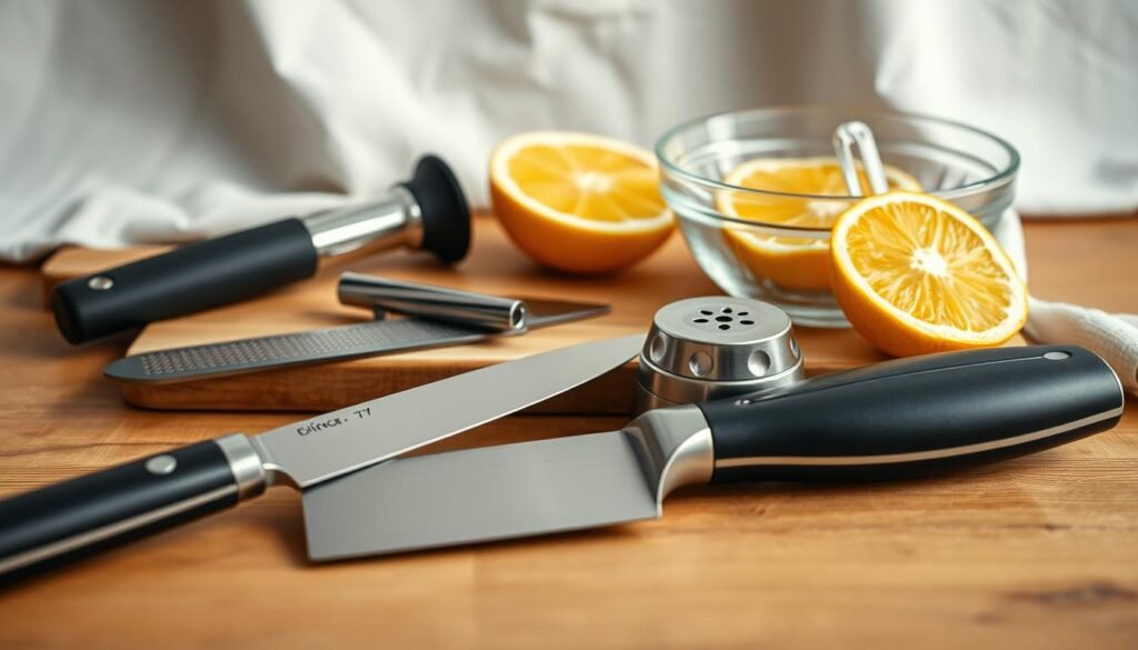A well-lit close-up shot of a variety of citrus preparation tools arranged neatly on a wooden surface. In the foreground, a sharp chef's knife, a sturdy citrus zester, and a handheld juicer. In the middle ground, a wooden cutting board and a glass bowl filled with fresh citrus slices. In the background, a neutral-colored cloth or towel, creating a clean and minimalist composition. The lighting is soft and diffused, accentuating the vibrant colors and textures of the tools and ingredients. The overall mood is one of organization, simplicity, and a focus on the essential elements of citrus preparation.