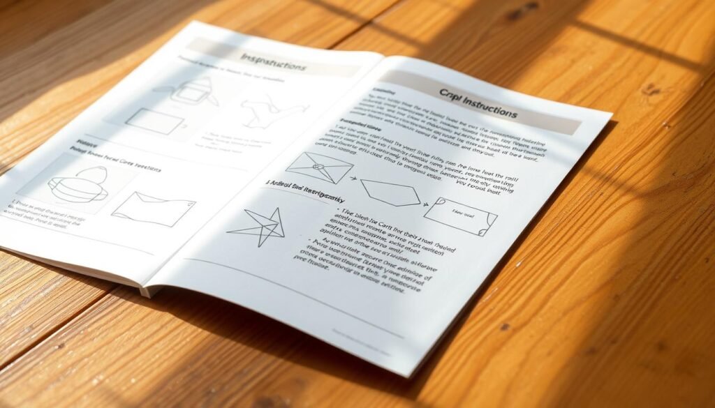 A well-lit, close-up shot of a wooden table surface, showcasing step-by-step craft instructions displayed on crisp, high-quality paper. The instructions feature clear, detailed diagrams and illustrations, guiding the viewer through the process of creating a simple, beginner-friendly DIY craft project. The layout is clean and organized, with ample negative space to draw the eye towards the key steps. Warm, natural lighting casts a soft glow, creating a welcoming, approachable atmosphere. The overall scene conveys a sense of simplicity, accessibility, and the joy of hands-on creativity.