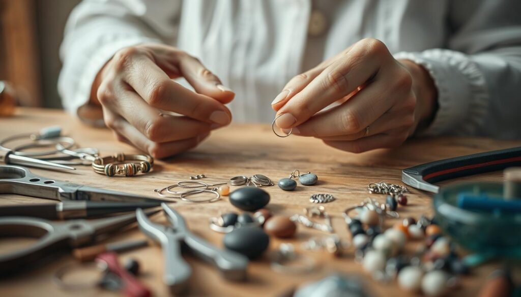 A well-lit, close-up shot of an artisan's hands meticulously crafting unique jewelry pieces. The foreground shows various tools and materials like pliers, wire, beads, and semi-precious stones arranged neatly on a wooden workbench. The middle ground features the skilled hands delicately manipulating the jewelry components, their movements captured in sharp focus. The background is softly blurred, creating a serene, studio-like atmosphere that emphasizes the intricate, handmade nature of the process. The overall scene conveys a sense of creativity, attention to detail, and the rewarding experience of DIY jewelry making.