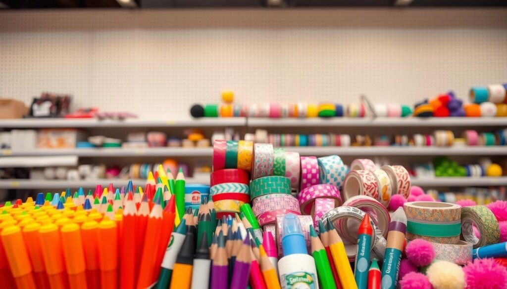 A well-lit, close-up shot of an assortment of budget-friendly DIY craft supplies found at a dollar store. In the foreground, an array of vibrant markers, colored pencils, and glue sticks. In the middle ground, various rolls of colorful washi tape, sequins, and pom-poms. In the background, a backdrop of plain, unassuming dollar store shelves, casting a warm, inviting glow. The overall scene conveys a sense of creative potential and inspiration, showcasing how accessible and affordable DIY materials can be, even on a tight budget.