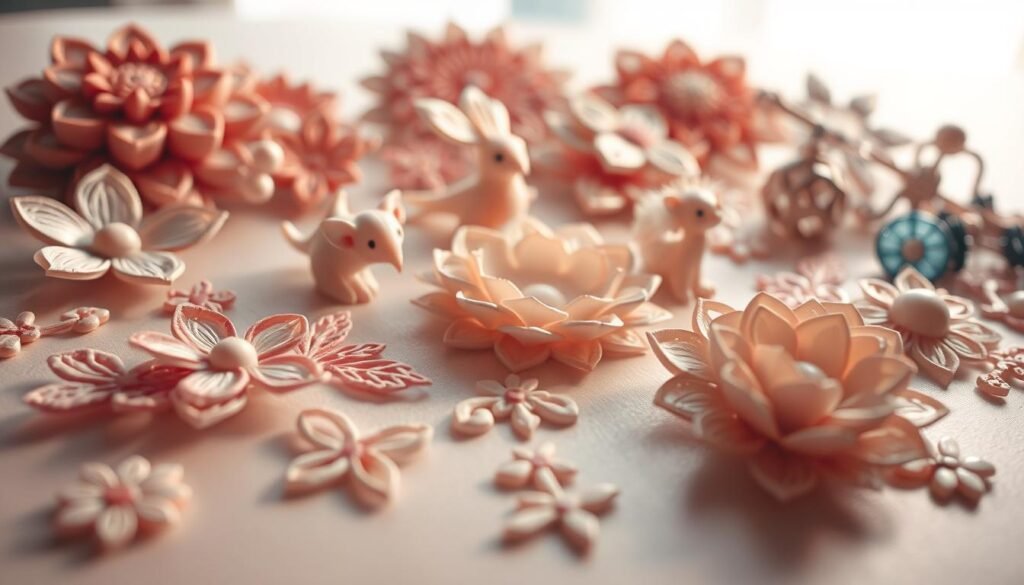 A well-lit, close-up shot of an assortment of intricate hot glue art pieces, showcasing a diverse range of creative techniques and designs. In the foreground, delicate floral shapes and abstract patterns emerge from a smooth, glossy surface, their intricate textures and shadows lending depth and dimension. In the middle ground, unique 3D shapes and sculptural elements, such as miniature figurines or geometric forms, are prominently featured, highlighting the versatility of hot glue as a medium. The background subtly suggests a neutral, minimalist setting, allowing the hot glue creations to take center stage and inspire the viewer's imagination. Crisp, high-resolution details and a warm, inviting lighting scheme accentuate the tactile qualities and artistic expression of these handcrafted hot glue decorations.