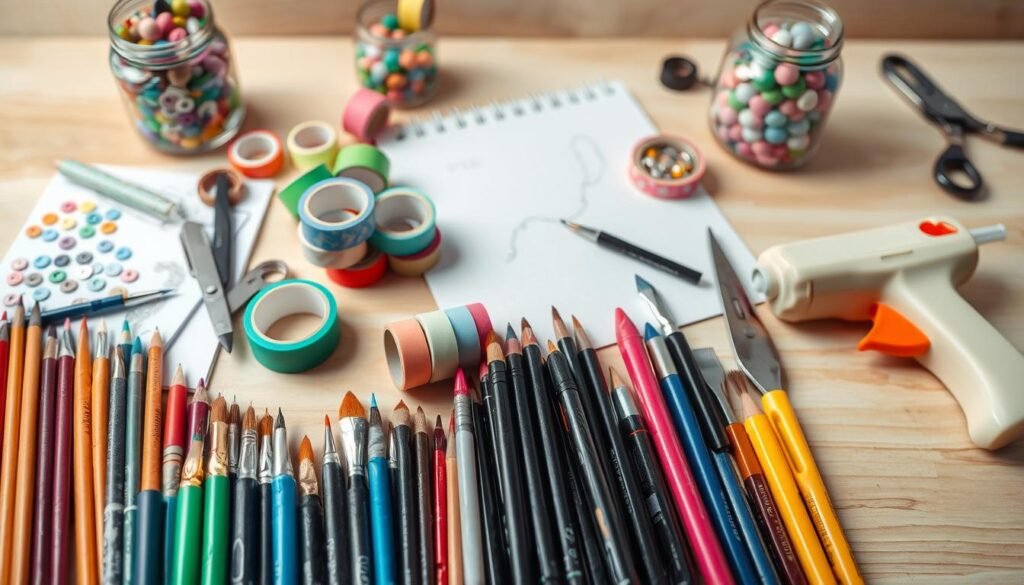 A well-lit, close-up studio shot of an assortment of essential DIY supplies arranged on a clean, light-colored wooden surface. In the foreground, an array of paintbrushes, colored markers, scissors, and a glue gun. In the middle ground, rolls of colored washi tape, a sketchpad, and various craft papers. In the background, a jar of multicolored buttons, spools of thread, and a pair of pliers. The lighting is soft and even, highlighting the textures and colors of the materials. The overall mood is one of creativity, organization, and the joy of DIY projects.