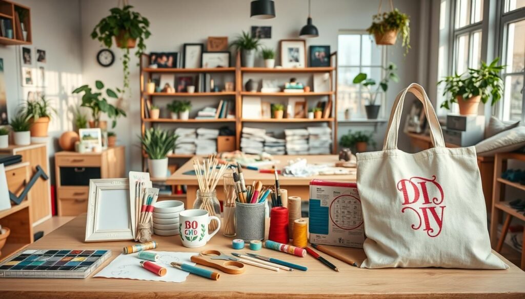 A well-lit, contemporary workshop setting showcasing an array of personalized DIY projects. In the foreground, a wooden workbench displays an assortment of handcrafted items - a customized photo frame, a hand-painted ceramic mug, and a sewn tote bag with an embroidered monogram. The middle ground features various craft supplies and tools, including paint brushes, scissors, and spools of colored thread, conveying a sense of creative potential. The background depicts shelves filled with inspiring DIY books and magazines, alongside potted plants and natural light streaming through large windows, creating a warm, inviting atmosphere conducive to innovative and expressive crafting.