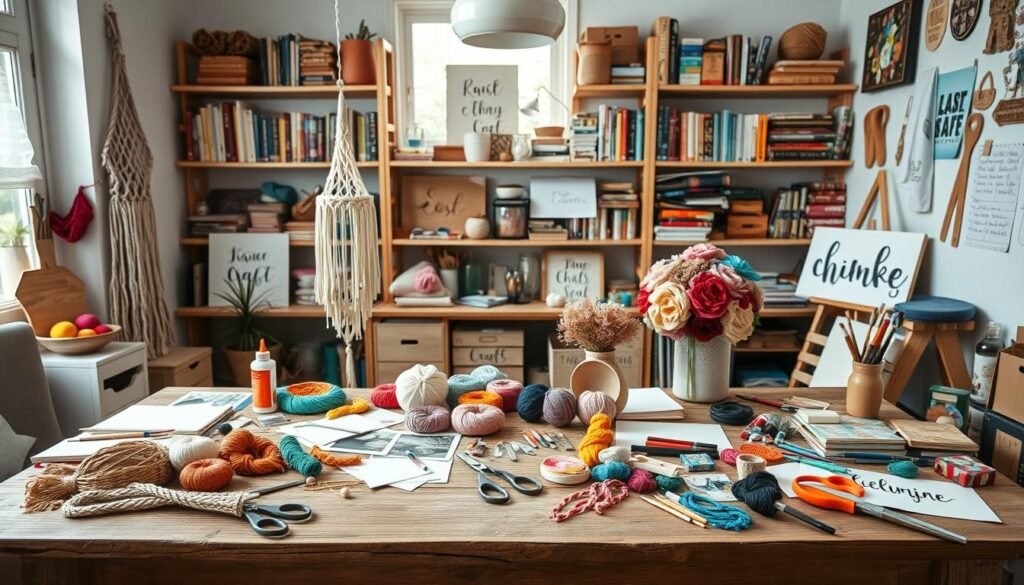 A well-lit, cozy craft studio with an assortment of DIY projects scattered across a rustic wooden table. In the foreground, an array of crafting supplies - colorful yarn, scissors, glue, and paintbrushes. In the middle ground, half-finished projects like macrame wall hangings, paper flower bouquets, and hand-lettered signs. The background features shelves filled with inspiring craft books and neatly organized craft materials. The overall mood is one of creativity, imagination, and a sense of playful exploration.