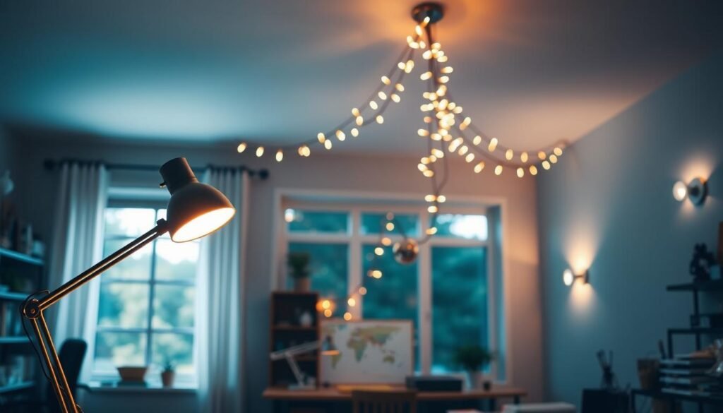 A well-lit craft room showcasing creative lighting solutions. In the foreground, a sleek table lamp with an adjustable arm casts a warm, focused glow on a DIY project. In the middle ground, a series of string lights elegantly draped across the ceiling, casting a soft ambient light. In the background, a large window allows natural daylight to flood the space, complemented by a pair of minimalist wall sconces that illuminate the area. The overall atmosphere is one of productivity, inspiration, and a touch of whimsy, perfect for a dedicated crafting space.