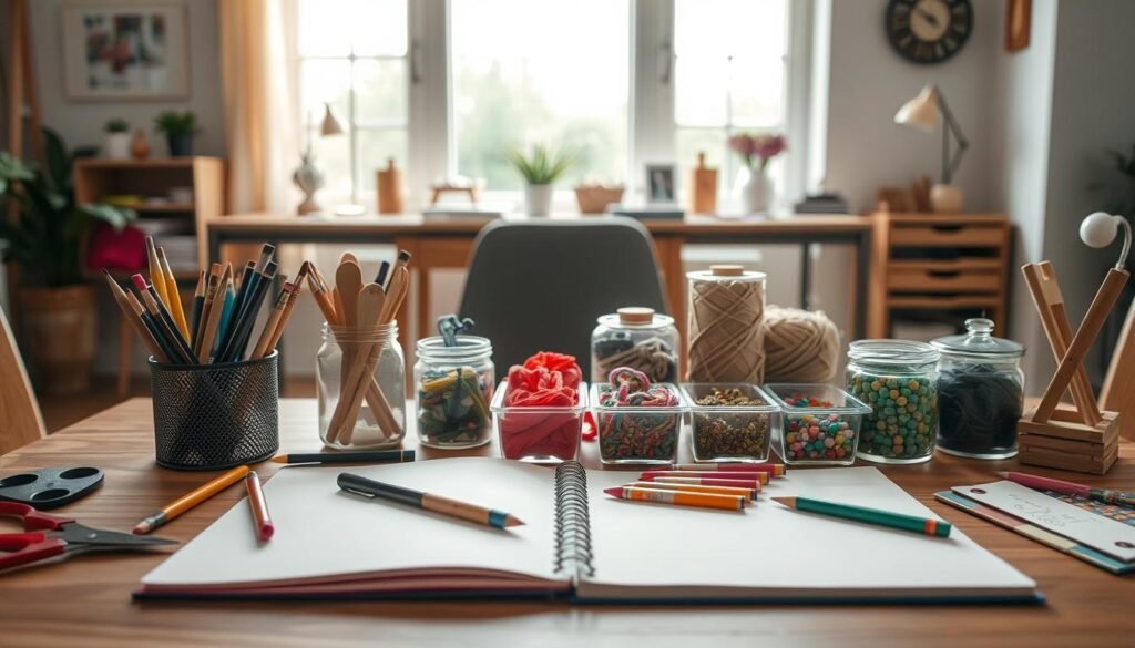 A well-lit craft table with an array of art supplies in the foreground - scissors, paintbrushes, colored pencils, and an open sketchbook. In the middle ground, a variety of crafting materials like yarn, fabric scraps, and beads are neatly organized in transparent containers. The background features a cozy, minimalist home workspace with natural lighting filtering through large windows, creating a warm, inviting atmosphere perfect for an engaging craft night. A well-lit craft table with an array of art supplies in the foreground - scissors, paintbrushes, colored pencils, and an open sketchbook. In the middle ground, a variety of crafting materials like yarn, fabric scraps, and beads are neatly organized in transparent containers. The background features a cozy, minimalist home workspace with natural lighting filtering through large windows, creating a warm, inviting atmosphere perfect for an engaging craft night.